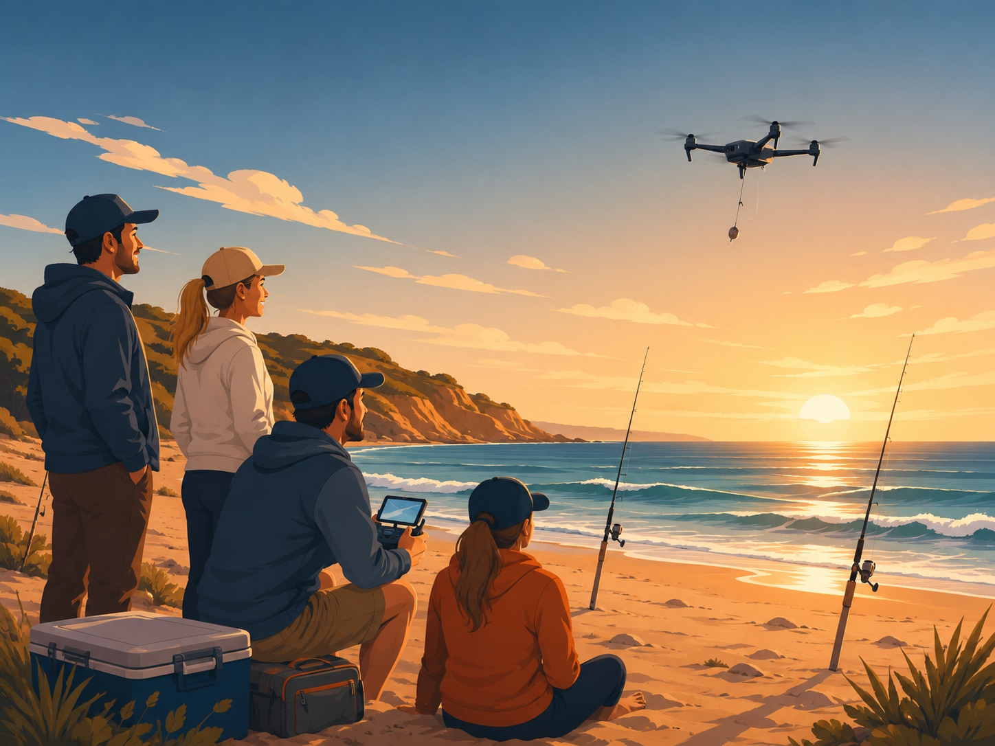 Group on the beach watching the drone fly out at golden hour