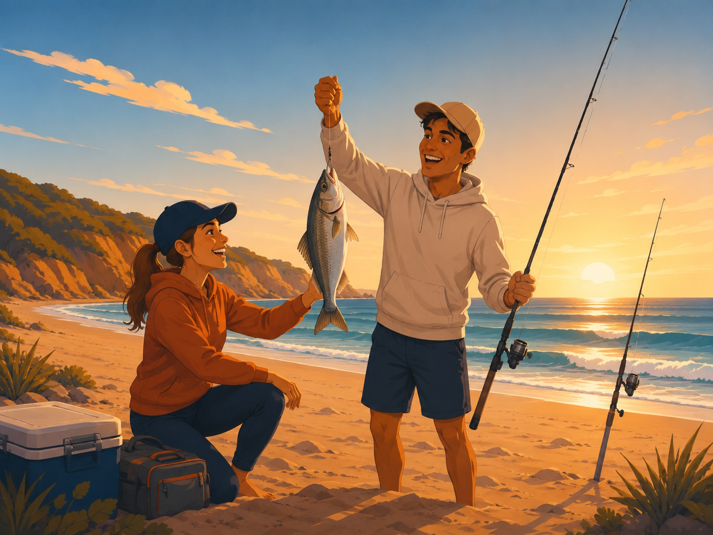 Two guests smiling with a fresh caught fish on the beach