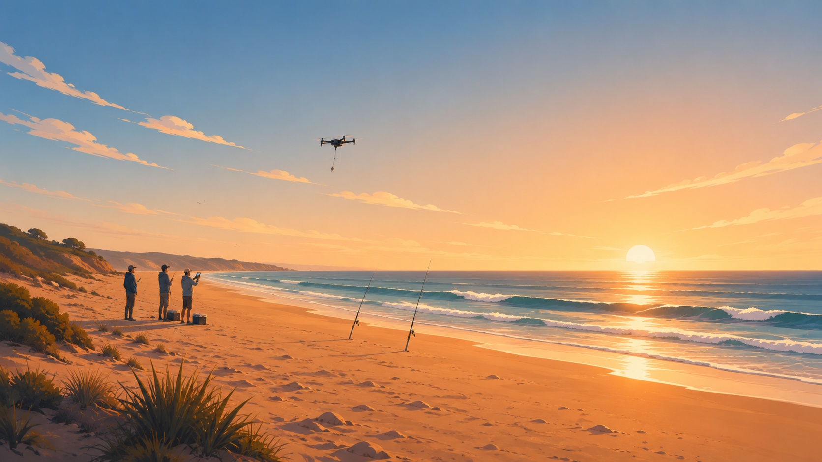 Wide dawn beach with the crew watching the drone head out over the water